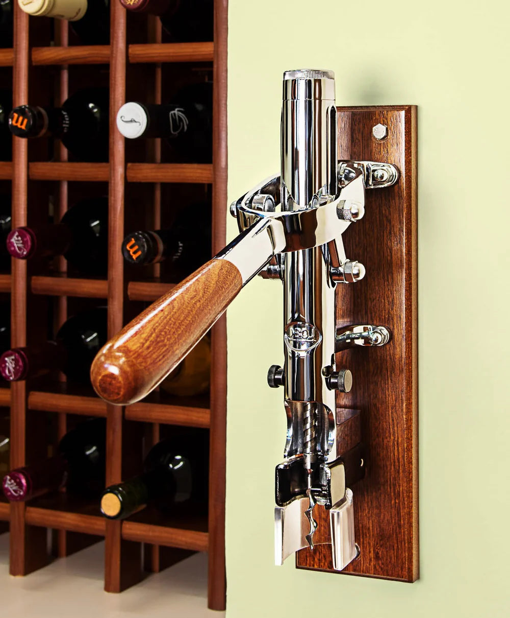 BOJ Professional Wine Opener Chrome Plated SapeleBacked Wall Mounted Corkscrew Vintage 09921 bojpro.com