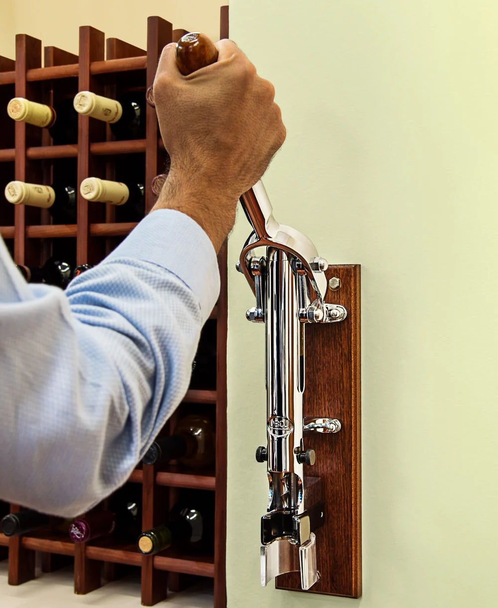 BOJ Professional Wine Opener Chrome Plated SapeleBacked Wall Mounted Corkscrew Vintage 09921 bojpro.com