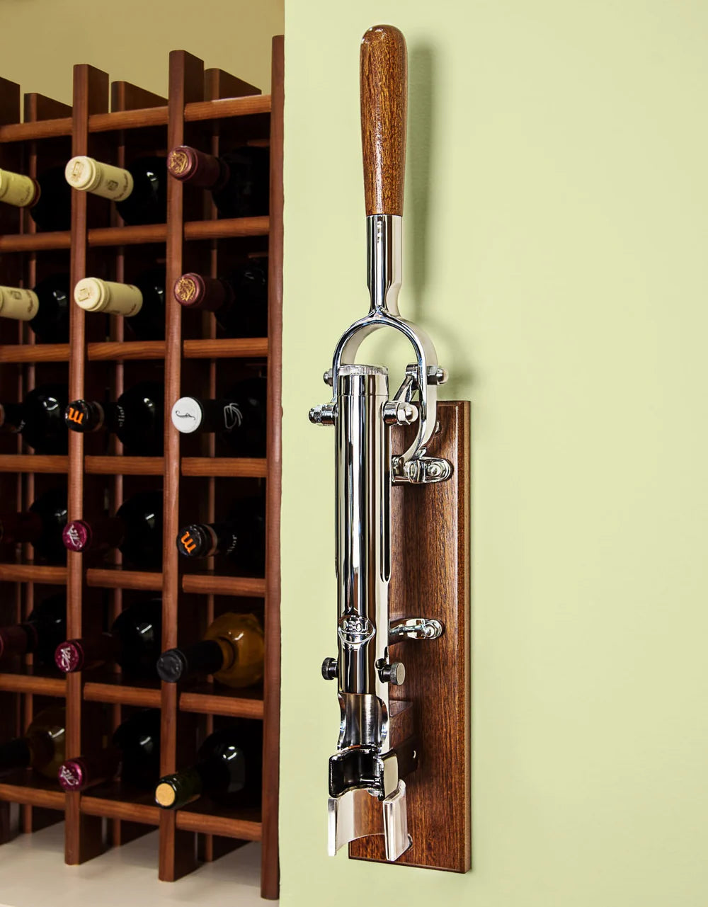 BOJ Professional Wine Opener Chrome Plated SapeleBacked Wall Mounted Corkscrew Vintage 09921 bojpro.com