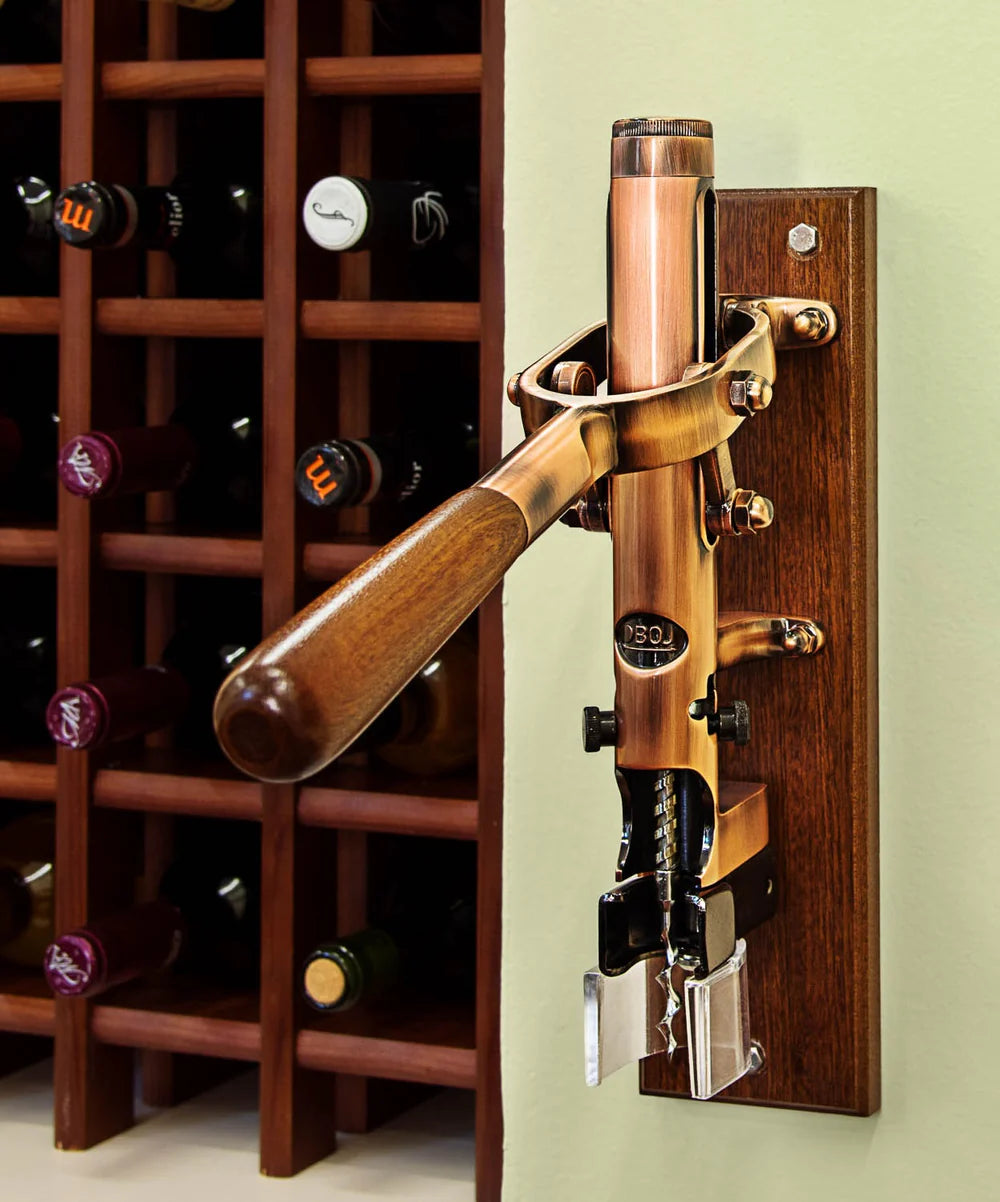 BOJ Professional Wine Opener Old Copper SapeleBacked Wall Mounted Corkscrew Vintage 09927 bojpro.com
