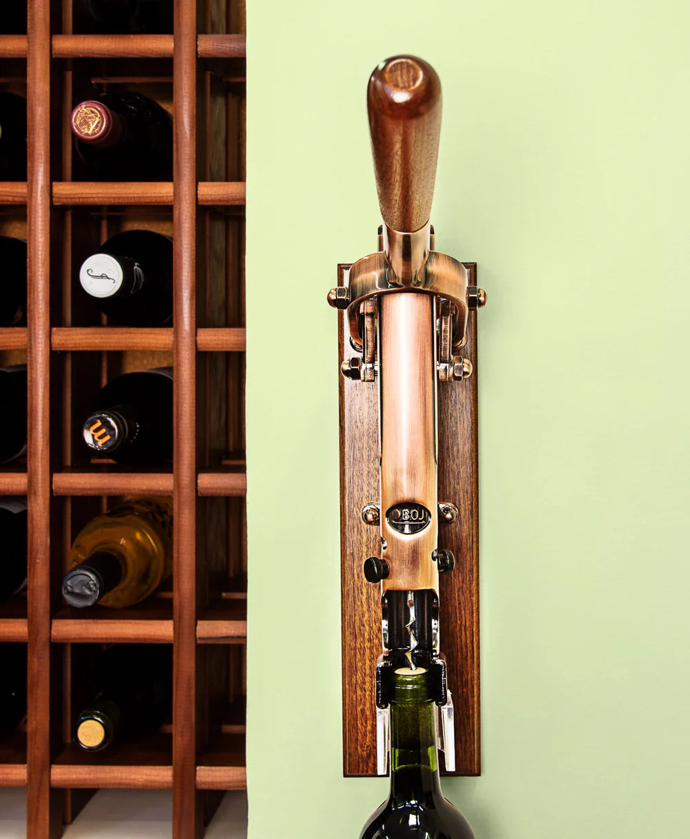 BOJ Professional Wine Opener Old Copper SapeleBacked Wall Mounted Corkscrew Vintage 09927 bojpro.com