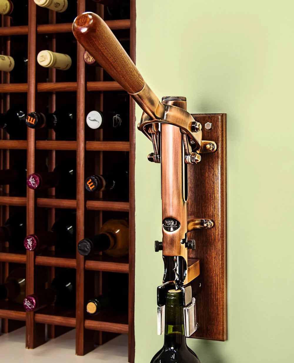 BOJ Professional Wine Opener Old Copper SapeleBacked Wall Mounted Corkscrew Vintage 09927 bojpro.com